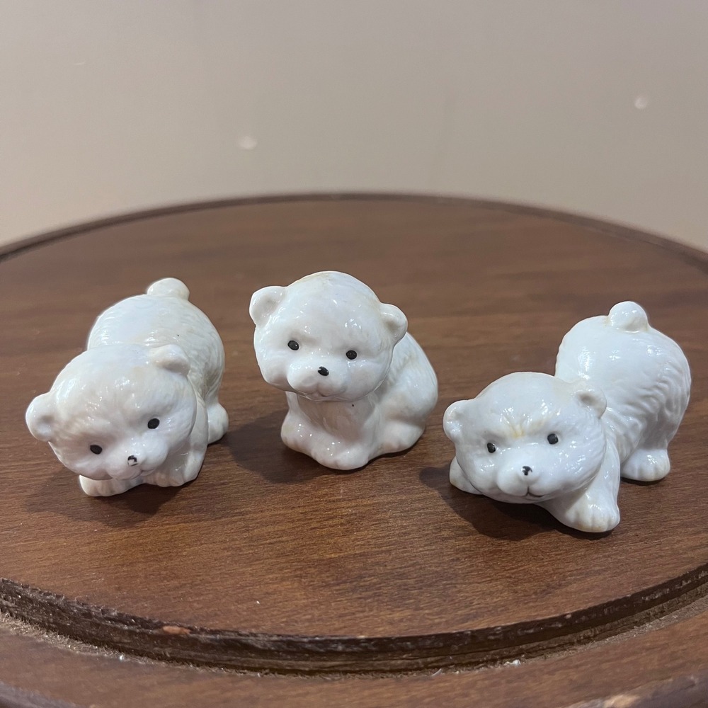 Vtg Enesco Porcelain Polar Bear Cub Miniatures Set of 3 White Glossy Figurines